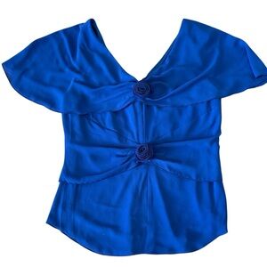 J Peterson Blue Rosette Blouse Ladies Sz-Small V-Front/Back, Lined, Cape Sleeve